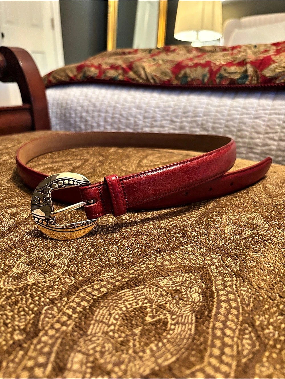 Brighton Red Leather Belt Size 36 Silver Buckle